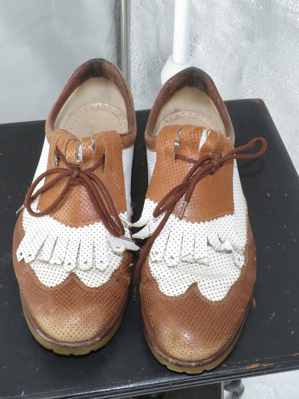Walter Genuin Golf Shoes Leather Oxfords Brown White Kiltie Brogue Sz 7.5 EU 38